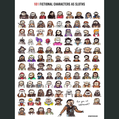 101 Fictional Characters as Sloths Poster